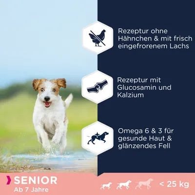 Texte en allemand : Rezeptur ohne Hähnchen & mit frisch eingefrorenem Lachs, Rezeptur mit Glucosamin und Kalzium, Omega 6 & 3 für gesunde Haut & glänzendes Fell. SENIOR Ab 7 Jahre <25 kg.