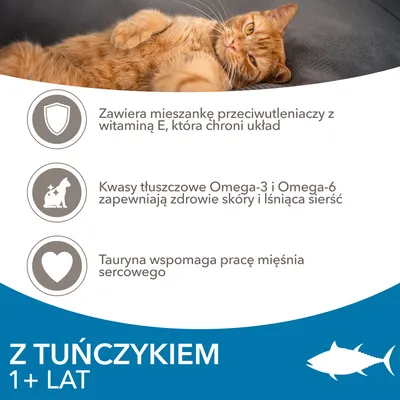 Z tuńczykiem 1+ lat. Zawiera przeciwutleniacze z witaminą E, kwasy Omega-3 i Omega-6 dla skóry i sierści, tauryna wspomaga serce. Tekst w języku polskim.