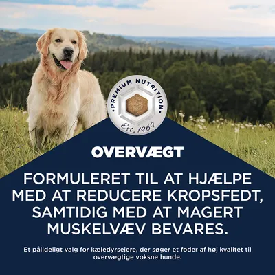Premium Nutrition Est. 1969. Udviklet til at reducere kropsfedt og bevare muskelmasse ved overvægt. Til voksne hunde med overvægt.