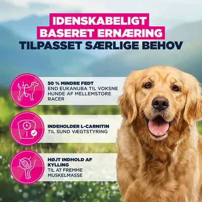 Videnskabeligt baseret ernæring, tilpasset særlige behov: 50 % mindre fedt, indeholder L-carnitin for vægtkontrol, højt indhold af kylling for at fremme muskelmassen.