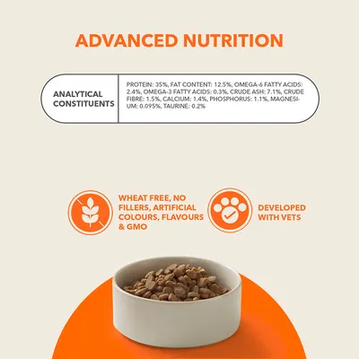 Analytical constituents: protein 35%, fat 12.5%, omega-6 2.4%, omega-3 0.3%, ash 7.1%, fibre 1.5%, calcium 1.4%, phosphorus 1.1%, magnesium 0.095%, taurine 0.2%. Wheat free, no fillers, artificial colours, flavours or GMO. Developed with vets.
