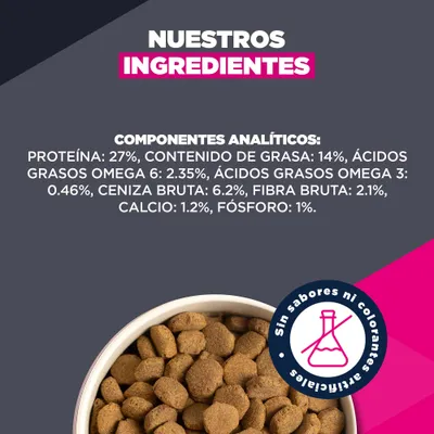 Análisis: proteína 27%, grasa 14%, omega-6 2,35%, omega-3 0,46%, ceniza bruta 6,2%, fibra bruta 2,1%, calcio 1,2%, fósforo 1%. Sin colorantes ni aromatizantes artificiales. Análisis: proteína 27%, grasa 14%, omega-6 2,35%, omega-3 0,46%, ceniza bruta 6,2%, fibra bruta 2,1%, calcio 1,2%, fósforo 1%. Sin colorantes ni aromatizantes artificiales.