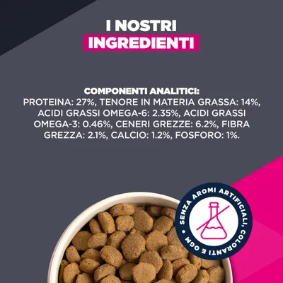 Componenti analitici: Proteine 27%, Grassi 14%, Omega-6 2,35%, Omega-3 0,46%, Ceneri grezze 6,2%, Fibra grezza 2,1%, Calcio 1,2%, Fosforo 1%. Senza aromi o coloranti artificiali. Componenti analitici: Proteine 27%, Grassi 14%, Omega-6 2,35%, Omega-3 0,46%, Ceneri grezze 6,2%, Fibra grezza 2,1%, Calcio 1,2%, Fosforo 1%. Senza aromi o coloranti artificiali.