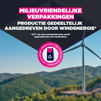 Milieuvriendelijke, recyclebare verpakkingen. Productie deels aangedreven door windenergie, 25% van de energiebehoefte wordt door een windturbine geleverd. Milieuvriendelijke, recyclebare verpakkingen. Productie deels aangedreven door windenergie, 25% van de energiebehoefte wordt door een windturbine geleverd.