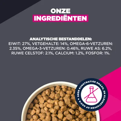 Analytische bestanddelen: Eiwit 27%, vetgehalte 14%, omega-6-vetzuren 2,35%, omega-3-vetzuren 0,46%, ruwe as 6,2%, ruwe vezel 2,1%, calcium 1,2%, fosfor 1%. Analytische bestanddelen: Eiwit 27%, vetgehalte 14%, omega-6-vetzuren 2,35%, omega-3-vetzuren 0,46%, ruwe as 6,2%, ruwe vezel 2,1%, calcium 1,2%, fosfor 1%.