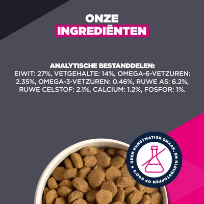 Analytische bestanddelen: Eiwit 27%, vetgehalte 14%, omega-6-vetzuren 2,35%, omega-3-vetzuren 0,46%, ruwe as 6,2%, ruwe vezel 2,1%, calcium 1,2%, fosfor 1%. Analytische bestanddelen: Eiwit 27%, vetgehalte 14%, omega-6-vetzuren 2,35%, omega-3-vetzuren 0,46%, ruwe as 6,2%, ruwe vezel 2,1%, calcium 1,2%, fosfor 1%.