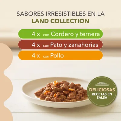 Sabores irresistibles en la Land Collection: 4 x cordero y ternera, 4 x pato y zanahorias, 4 x pollo. Deliciosas recetas en salsa.