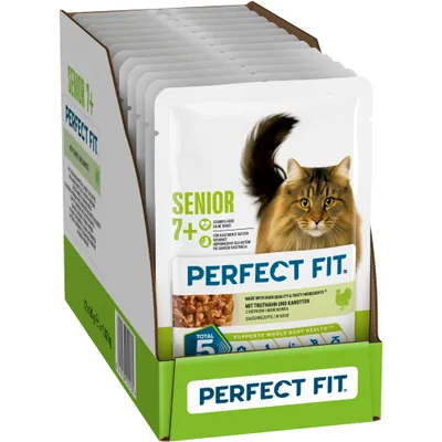 PERFECT FIT Senior 7+ met kalkoen en wortelen, geschikt voor gesteriliseerde katten, 12x85 g portiezakjes. Ondersteunt een sterk hart.