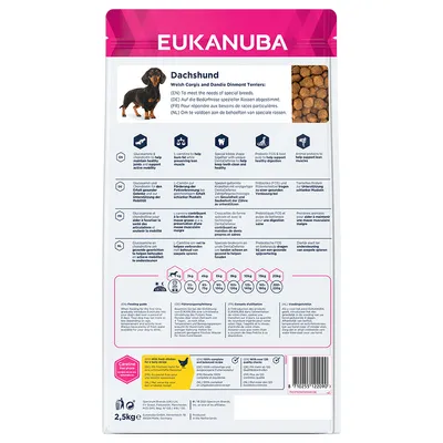 EUKANUBA Dachshund -koiranruokapakkaus, näkyvissä ruokintaohje painon mukaan (3–20 kg), ainesosatiedot, ravintoarvot ja tuotetiedot useilla kielillä, kuva nappuloista ja mäyräkoirasta.