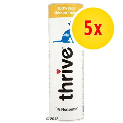 thrive 0% Nonsense kissanherkut, 100% real chicken treat. Pakkauskuva, keltainen ympyrä tekstillä '5x' osoittaa viiden kappaleen erän.