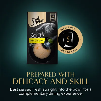 Sheba Soup with Chicken, x4 40g packs. Single use, easy-to-open. Prepared with delicacy and skill. Best served fresh straight into the bowl for a complementary dining experience.