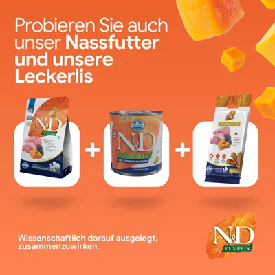 Probieren Sie auch unser Nassfutter und unsere Leckerlis. Wissenschaftlich darauf ausgelegt, zusammenzuwirken. Abgebildet: N&D Pumpkin Trockenfutter, Nassfutter, Dental Treat. Probieren Sie auch unser Nassfutter und unsere Leckerlis. Wissenschaftlich darauf ausgelegt, zusammenzuwirken. Abgebildet: N&D Pumpkin Trockenfutter, Nassfutter, Dental Treat.