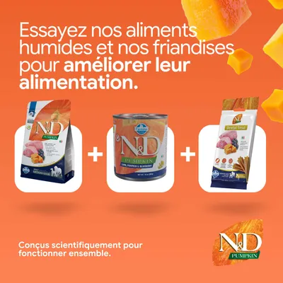 N&D Pumpkin croquettes, aliments humides et friandises dental. Développé scientifiquement pour une meilleure alimentation. N&D Pumpkin croquettes, aliments humides et friandises dental. Développé scientifiquement pour une meilleure alimentation.