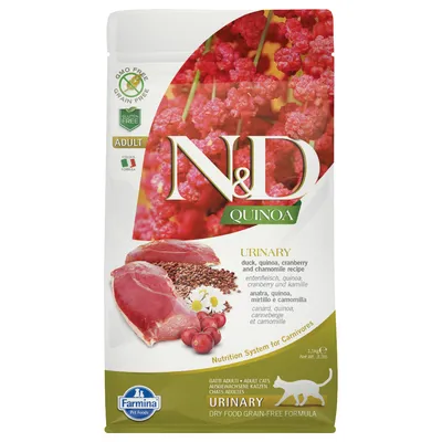 N&D Quinoa Urinary crocchette per gatti adulti, ricetta con anatra, quinoa, mirtillo rosso e camomilla. Senza cereali, senza OGM, formula italiana. Confezione: 1,5 kg.
