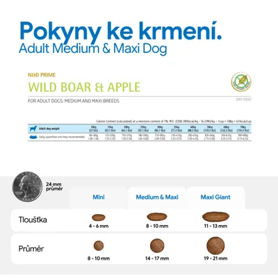 Doporučení pro krmení pro dospělé středně velké a velké psy: Divoké prase a jablko. Tabulka s denními dávkami podle hmotnosti, velikostí a tloušťky kroket pro Mini, Medium a Maxi, Maxi Giant. Doporučení pro krmení pro dospělé středně velké a velké psy: Divoké prase a jablko. Tabulka s denními dávkami podle hmotnosti, velikostí a tloušťky kroket pro Mini, Medium a Maxi, Maxi Giant.