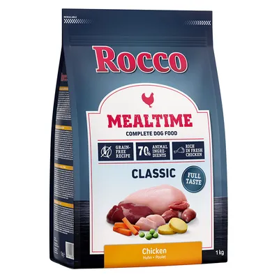 Rocco Mealtime Classic kana, viljaton resepti, 70 % eläinperäisiä ainesosia, runsaasti tuoretta kanaa. Pakkauskoko: 1 kg.