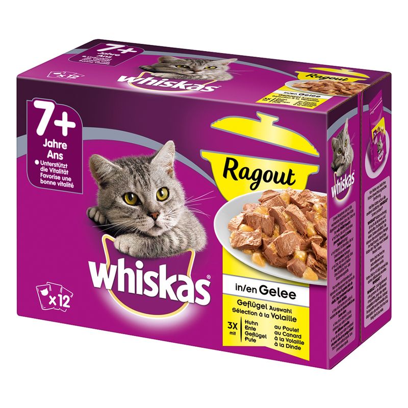 Συσκευασία Whiskas Ragout για γάτες 7+ ετών, 12 φακελάκια. Ορατό πιάτο με κομμάτια σε ζελέ. Κείμενο στα γερμανικά και γαλλικά: Geflügel Auswahl, Huhn, Ente, Geflügel, Pute.