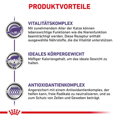 Produktvorteile: Vitalitätskomplex für ältere Katzen, ideales Körpergewicht durch mässigen Kaloriengehalt, Antioxidantienkomplex zum Schutz von Zellen und Geweben.
