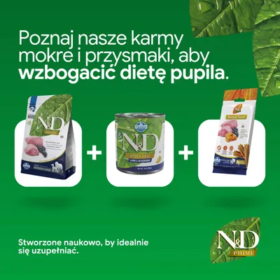 N&D Prime karma sucha, mokra oraz przysmaki dentystyczne z jagnięciną i borówką. Uzupełnij żywienie swojego zwierzaka. Logo Farmina widoczne. N&D Prime karma sucha, mokra oraz przysmaki dentystyczne z jagnięciną i borówką. Uzupełnij żywienie swojego zwierzaka. Logo Farmina widoczne.