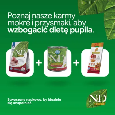 N&D Prime karma sucha, mokra i przysmaki dentystyczne. Opracowane naukowo dla zbilansowanego żywienia.