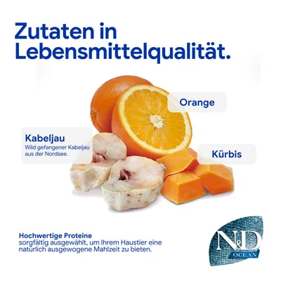 Zutaten in Lebensmittelqualität: Orange, Kürbis, wild gefangener Kabeljau aus der Nordsee. Hochwertige Proteine für eine natürlich ausgewogene Mahlzeit. N&D Ocean.
