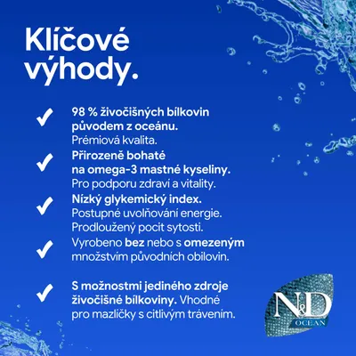 N&D Ocean: 98 % živočíšnych bielkovín z oceánu, bohaté na omega-3, nízky glykemický index, bez alebo s malým množstvom obilnín, jediný zdroj bielkovín pre citlivé zvieratá. N&D Ocean: 98 % živočíšnych bielkovín z oceánu, bohaté na omega-3, nízky glykemický index, bez alebo s malým množstvom obilnín, jediný zdroj bielkovín pre citlivé zvieratá.