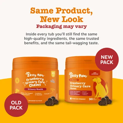 Two Zesty Paws Cranberry Urinary Care Chews cans: left old packaging, right new packaging. Note: Same product, new design, packaging may vary.