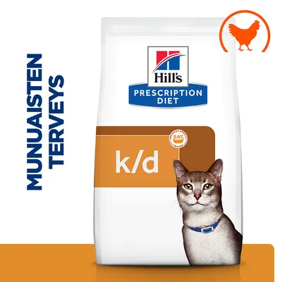 Hill's Prescription Diet k/d kissanruoka, pakkauksessa teksti 'MUNAISTEN TERVEYS' ja oranssi kanan siluetti. Pussissa kuva kissasta.