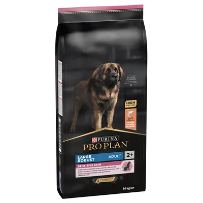 Purina Pro Plan Large Robust Adult 2+ Sensitive Skin, cu somon, conținut ridicat de proteine, fără coloranți, pachet de 14 kg.