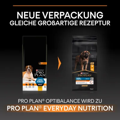 Neue Verpackung, gleiche grossartige Rezeptur. Pro Plan Optibalance wird zu Pro Plan Everyday Nutrition für Large Robust Adult Hunde.