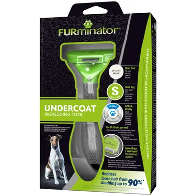 FURminator Undercoat deShedding Tool för små hundar med kort päls, storlek S (4,5–9 kg). Text: 'Reduces loose hair from shedding up to 90%'. Bild på verktyget och en hund.