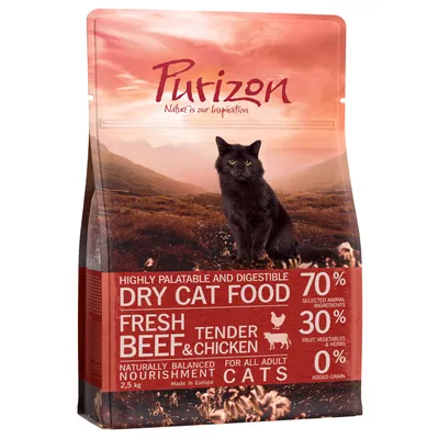 Purizon Dry Cat Food, Fresh Beef & Tender Chicken, 2,5 kg. 70 % eläinperäisiä ainesosia, 30 % hedelmiä, vihanneksia ja yrttejä, 0 % lisättyä viljaa. Teksti englanniksi.