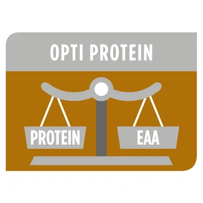 Diagram showing balanced scales with 'Protein' and 'EAA' under the heading 'Opti Protein', highlighting a balance between protein and essential amino acids.