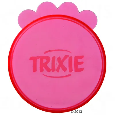 Round pink lid with the word TRIXIE in large letters, featuring a paw-shaped tab at the top edge.
