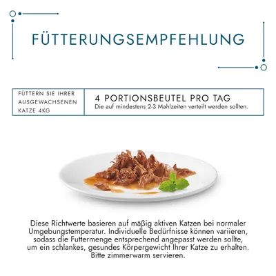 Fütterungsempfehlung: 4 Portionsbeutel pro Tag für ausgewachsene Katze 4kg, verteilt auf 2-3 Mahlzeiten. Bitte zimmerwarm servieren. Richtwerte basieren auf mässig aktiven Katzen.