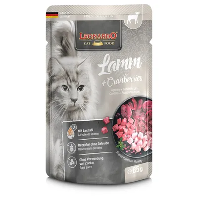 Leonardo Cat Food jehněčí a brusinky, s lososovým olejem, receptura bez obilovin, bez přidaného cukru, super prémiová kvalita, vyrobeno v Německu, 85g.