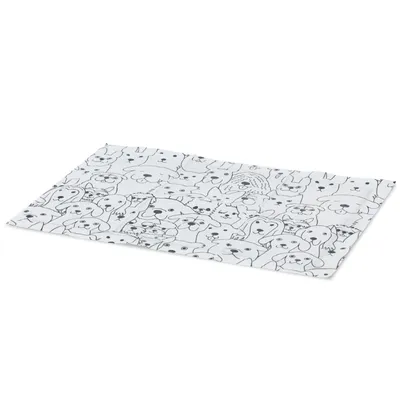 Tappetino bianco con motivi di cani disegnati in nero, adatto come base o decorazione.