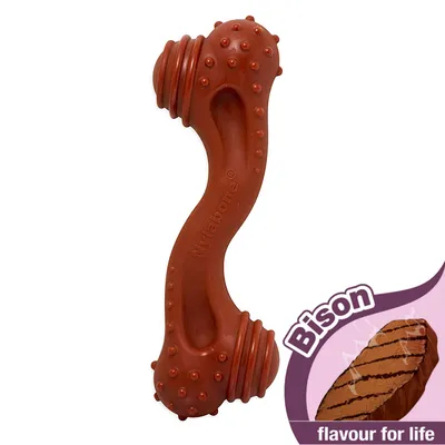 Nylabone juguete para masticar con sabor a bisonte, color rojo marrón, superficie texturizada con protuberancias y ranuras. Texto: 'Bison flavour for life'.