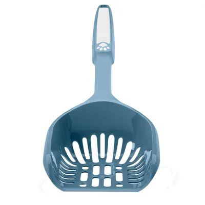 Blue litter scoop with ergonomic handle and white paw motif, suitable for cat litter. Slots for easy separation of waste and clean granules.