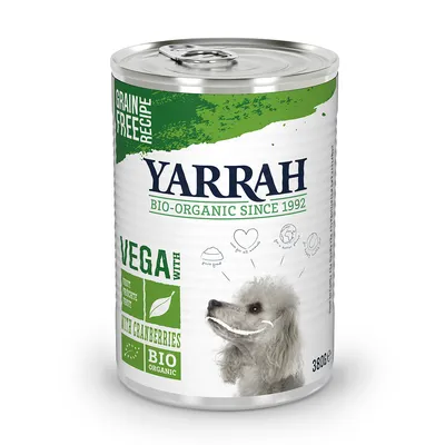 Yarrah Bio-Organic sinds 1992. Vegan hondenvoer met cranberries, graanvrij, 380g blik. Bio-certificaat en duurzame ingrediënten zichtbaar.