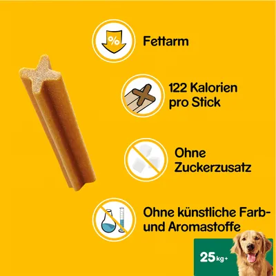 Fettarm, 122 Kalorien pro Stick, Ohne Zuckerzusatz, Ohne künstliche Farb- und Aromastoffe, 25 кг+ – текст на немецком языке рядом с жевательной палочкой для собак.