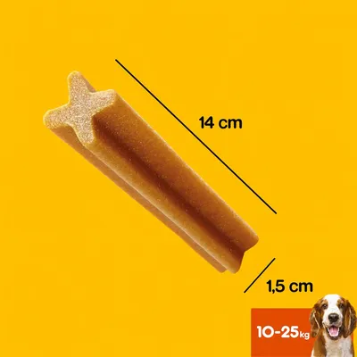 Kausnack mit den Maßen 14 cm Länge und 1,5 cm Breite, geeignet für Hunde mit einem Gewicht von 10-25 kg.