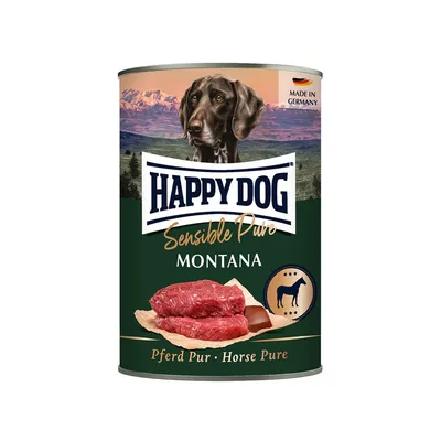 Happy Dog Sensible Pure Montana konzerv, Pferd Pur Horse Pure felirattal, kutya képe, Made in Germany szöveg, lóhúsdarabok illusztrációja a csomagoláson