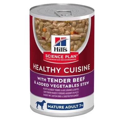 Hill's Science Plan Healthy Cuisine ragout murealla naudalla ja lisätyillä vihanneksilla, sopii yli 7-vuotiaille aikuisille koirille.