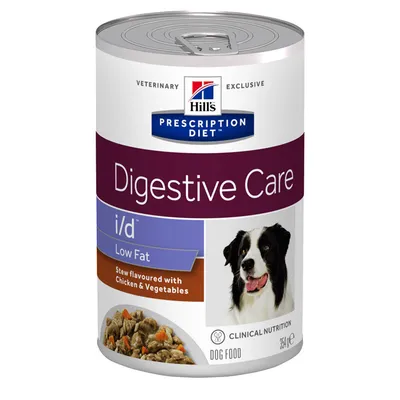 Konzerva Hill's Prescription Diet Digestive Care i/d Low Fat, Stew flavoured with Chicken & Vegetables, obrázek psa a krmiva, 354 g