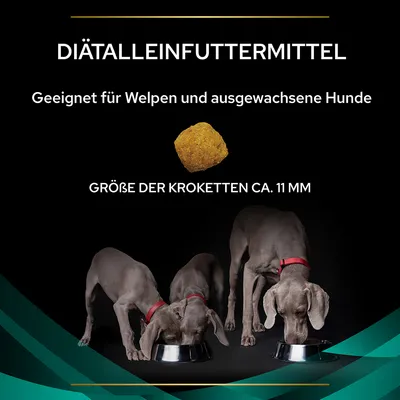 Texte en allemand : DIÄTALLEINFUTTERMITTEL, Geeignet für Welpen und ausgewachsene Hunde, GRÖßE DER KROKETTEN CA. 11 MM ; croquette ronde et trois chiens gris mangeant dans des gamelles.