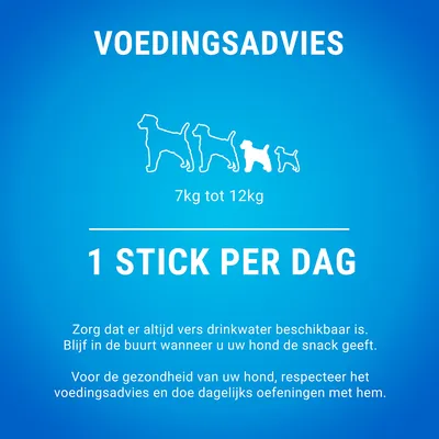 Voedingsadvies voor honden van 7 kg tot 12 kg: 1 stick per dag. Altijd vers drinkwater beschikbaar houden en in de buurt blijven bij het geven van de snack. Dagelijks bewegen aanbevolen.