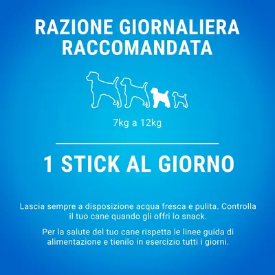 Razione giornaliera raccomandata per cani 7 kg a 12 kg: 1 stick al giorno. Lascia acqua fresca, controlla il cane durante lo snack e segui le linee guida di alimentazione ed esercizio.