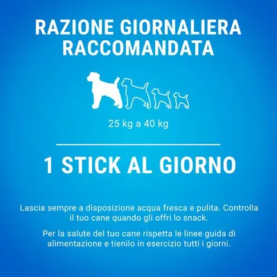 Razione giornaliera raccomandata per cani 25 kg a 40 kg: 1 stick al giorno. Lascia sempre acqua fresca e rispetta le linee guida di alimentazione ed esercizio.