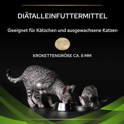 Texte en allemand : DIÄTALLEINFUTTERMITTEL, adapté aux chatons et chats adultes, taille de croquette env. 8 mm ; deux chats gris tigrés mangent dans des gamelles métalliques.